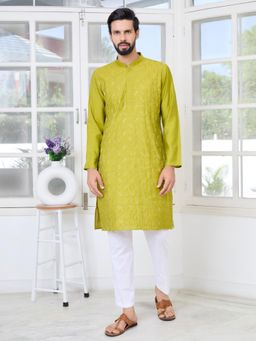 See Designs - Men Green Embellished Regular Fit Kurta with Pyjama (Set of 2)