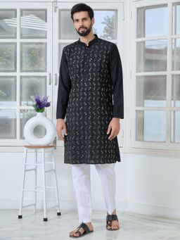 See Designs - Men Black Embellished Regular Fit Kurta with Pyjama (Set of 2)