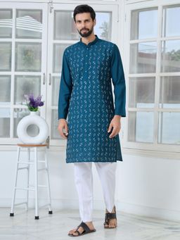 See Designs - Men Blue Embellished Regular Fit Kurta with Pyjama (Set of 2)