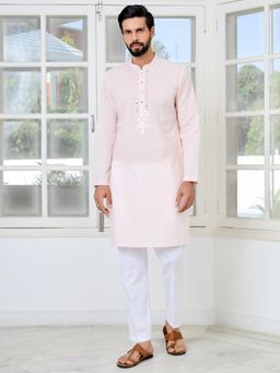 See Designs - Men Pink Embellished Regular Fit Kurta with Pyjama (Set of 2)