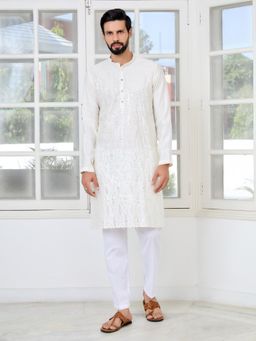 See Designs - Men Cream Embellished Regular Fit Kurta with Pyjama (Set of 2)