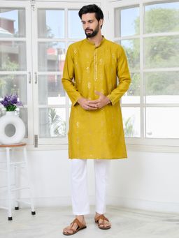 See Designs - Men Mustard Embellished Regular Fit Kurta with Pyjama (Set of 2)