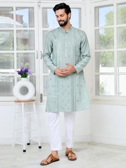See Designs - Men Grey Embellished Regular Fit Kurta with Pyjama (Set of 2)