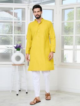 See Designs - Men Yellow Embroidered Regular Fit Kurta with Pyjama (Set of 2)