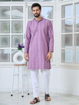 See Designs - Men Purple Embroidered Regular Fit Kurta with Pyjama (Set of 2)