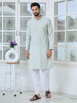 See Designs - Men Grey Embroidered Regular Fit Kurta with Pyjama (Set of 2)