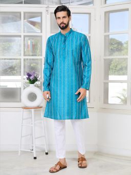 See Designs - Men Blue Embroidered Regular Fit Kurta with Pyjama (Set of 2)
