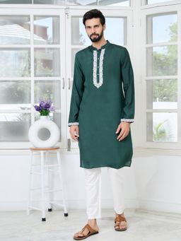 See Designs - Men Green Embroidered Regular Fit Kurta with Pyjama (Set of 2)