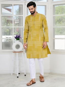 See Designs - Men Mustard Printed Regular Fit Kurta with Pyjama (Set of 2)