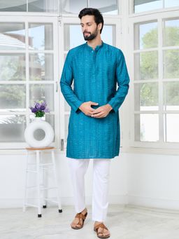 See Designs - Men Blue Embellished Regular Fit Kurta with Pyjama (Set of 2)