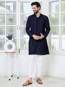 See Designs - Men Blue Embellished Regular Fit Kurta with Pyjama (Set of 2)