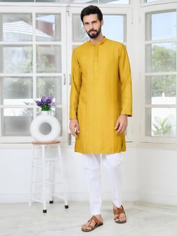 See Designs - Men Mustard Embellished Regular Fit Kurta with Pyjama (Set of 2)