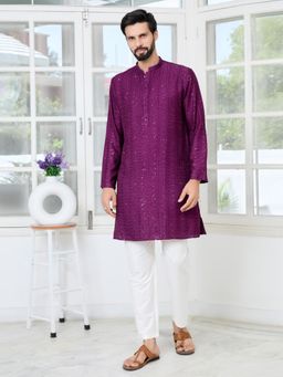 See Designs - Men Purple Embellished Regular Fit Kurta with Pyjama (Set of 2)