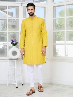 See Designs - Men Yellow Embellished Regular Fit Kurta with Pyjama (Set of 2)