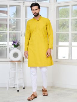 See Designs - Men Yellow Embellished Regular Fit Kurta with Pyjama (Set of 2)