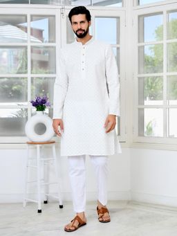 See Designs - Men White Embellished Regular Fit Kurta with Pyjama (Set of 2)