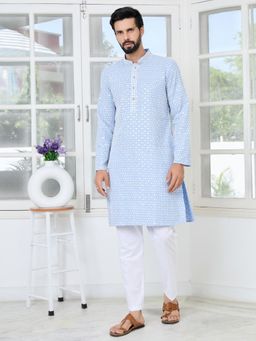 See Designs - Men Blue Embellished Regular Fit Kurta with Pyjama (Set of 2)