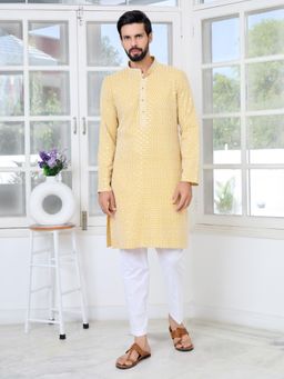 See Designs - Men Mustard Embellished Regular Fit Kurta with Pyjama (Set of 2)