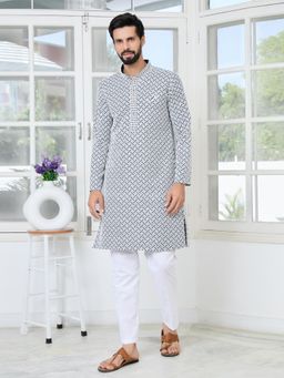 See Designs - Men Grey Embellished Regular Fit Kurta with Pyjama (Set of 2)