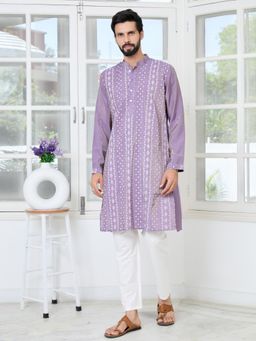 See Designs - Men Purple Printed Regular Fit Kurta with Pyjama (Set of 2)