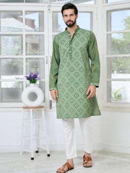See Designs - Men Green Printed Regular Fit Kurta with Pyjama (Set of 2)