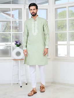 See Designs - Men Green Self Design Regular Fit Kurta with Pyjama (Set of 2)