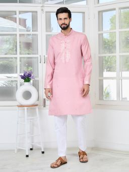 See Designs - Men Pink Self Design Regular Fit Kurta with Pyjama (Set of 2)