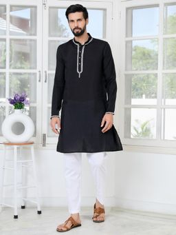 See Designs - Men Black Self Design Regular Fit Kurta with Pyjama (Set of 2)