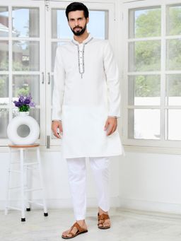 See Designs - Men Off White Self Design Regular Fit Kurta with Pyjama (Set of 2)