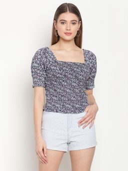Madame - Women Navy Floral Smocking Top - L / Navy