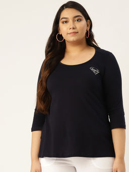theRebelinme - Plus Size Womens Navy Blue Solid Color Round Neck Cotton 3/4th Sleeve T-Shirt