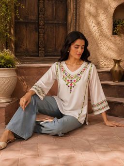 QAZMI - Women Amina Kashmiri Embroidered V-Neck Viscose Rayon Kurti