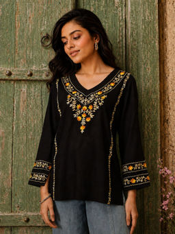 QAZMI - Women Amina Kashmiri Embroidered V-Neck Viscose Rayon Kurti