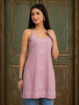 QAZMI - Women Lavender Viscose Rayon Sleeveless Embroidered Kurti