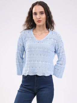 Global Republic - Blue Cotton Woven V-Neck Top