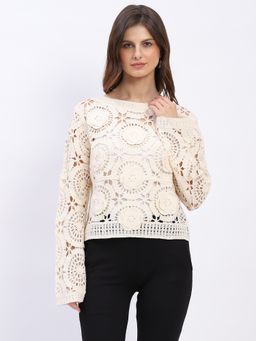 Global Republic - Cream Cotton Crochet Woven Boat Neck Top