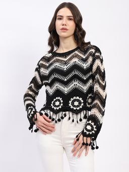 Global Republic - Black Cotton Chevron Woven Round Neck Top