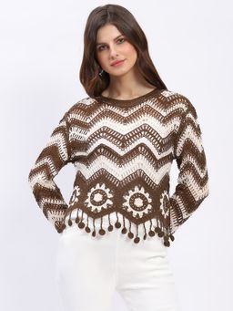 Global Republic - Brown Cotton Chevron Woven Round Neck Top
