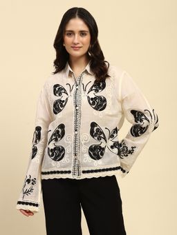 Global Republic - Cotton Embroidered Collar Neck Cream Shirt