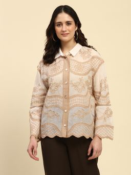 Global Republic - Beige Cotton Embroidered Collar Neck Shirt