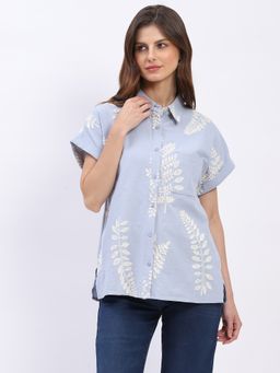 Global Republic - Blue Cotton Embroidered Spread Collar Shirt