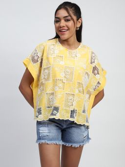 Global Republic - Yellow Cotton Embroidered Round Neck Blouson Top