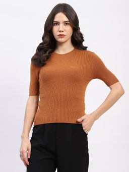 Global Republic - Brown Viscose Blend Solid Crew Neck Top