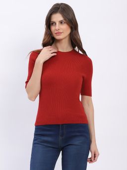 Global Republic - Maroon Viscose Blend Solid Crew Neck Top