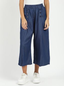 Global Republic - Women Blue Cotton Blend Solid Loose Fit Palazzos