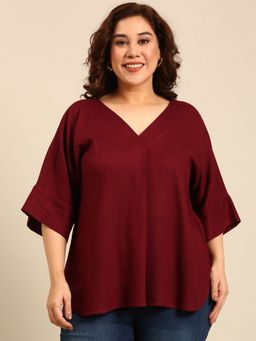 THE PINK MOON - Solid Wine V-Neck Top