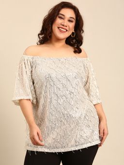 THE PINK MOON - Silver Feather Sequin Top