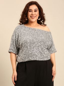 THE PINK MOON - Silver One Shoulder Sequin Top