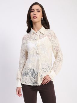 Global Republic - Off White Cotton Blend Lace Collar Neck Shirt