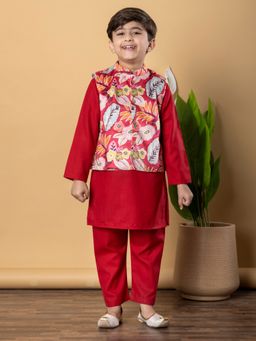Readiprint - Boys Linen Fabric Red Kurta and Pant with Nehru Jacket (Set of 3)